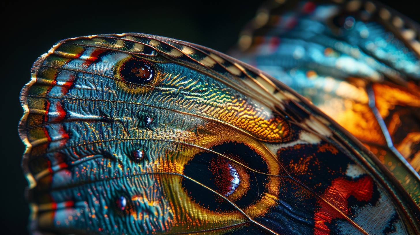 Under the magnification of a macro lens, a butterfly reveals an intricate tapestry of details, translucent wings, a kaleidoscope of colors shimmering with iridescence under varying light angles.