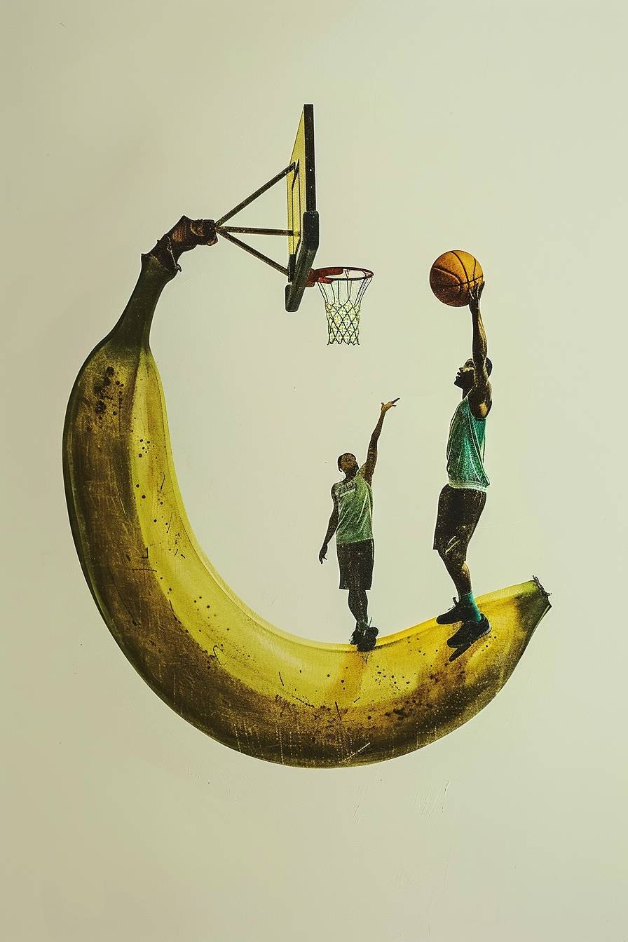 A minimalist-style illustration featuring a horizontally positioned green banana floating in the center of the picture. At the top of the banana, there is a basketball hoop, and two NBA basketball stars are playing basketball on the banana. The background is plain white.