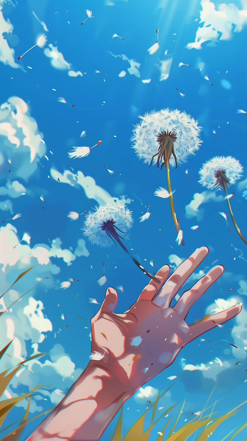 An anime-style illustration of a hand with dandelion seeds flying into the blue sky.