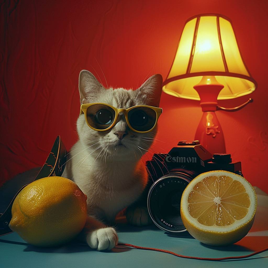 Cat wearing sunglasses next to lemon and camera, with a red lamp