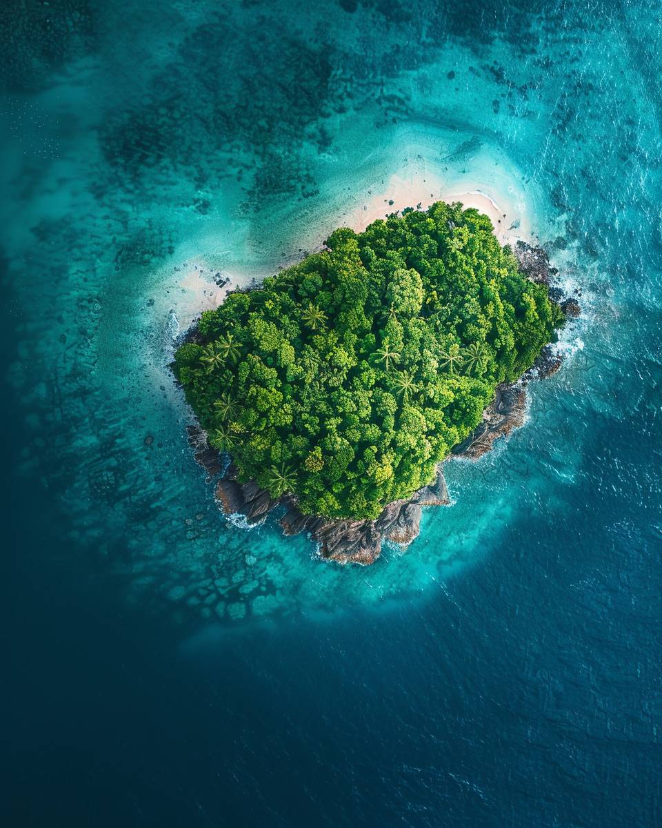 A birds eye photograph of a large lush tropical desert island surrounded by Caribbean blue waters.