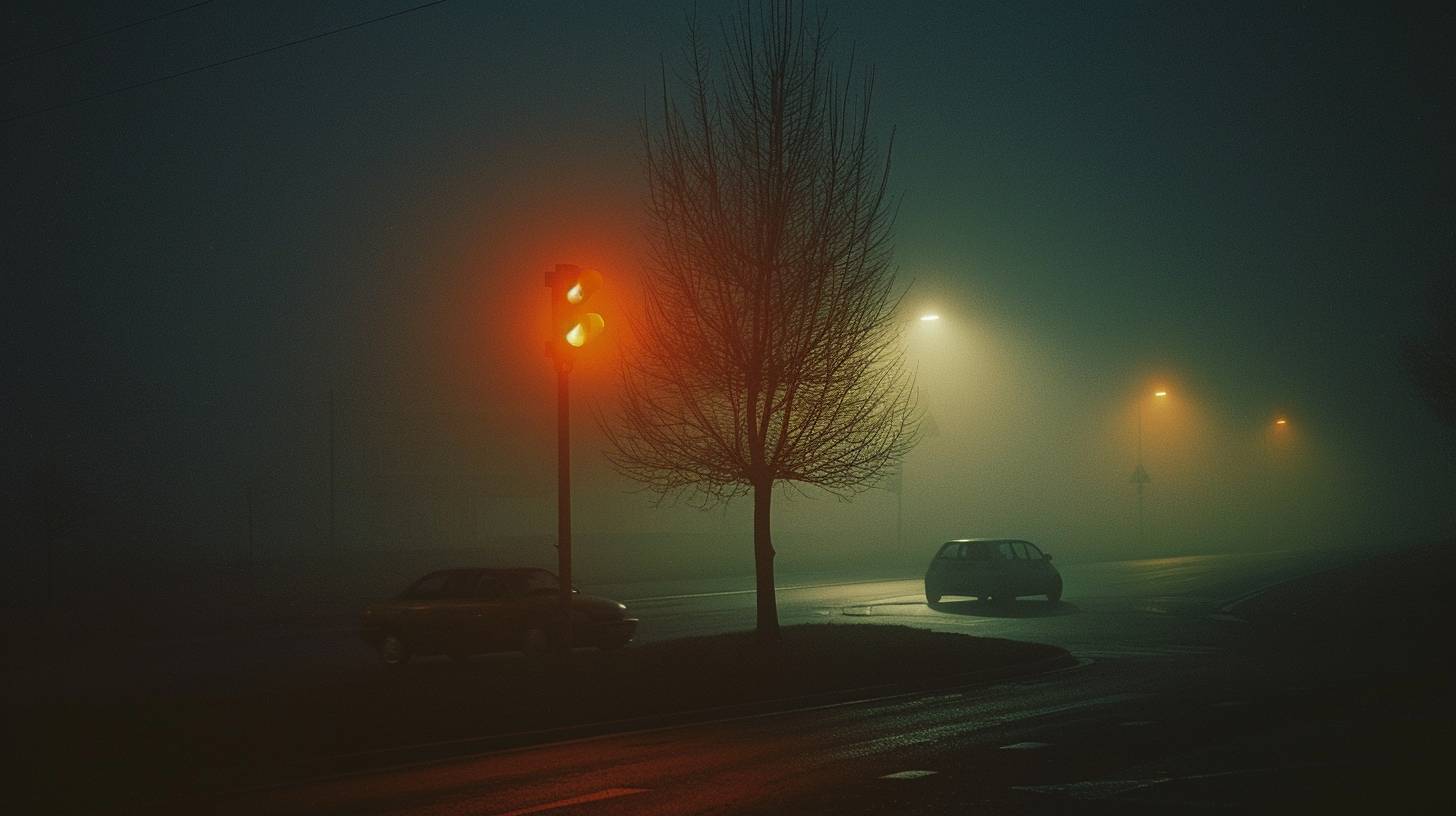 Photo of a car and a traffic light, night, fog, 35 mm film --ar 16:9 --style raw --stylize 200 --v 6.0