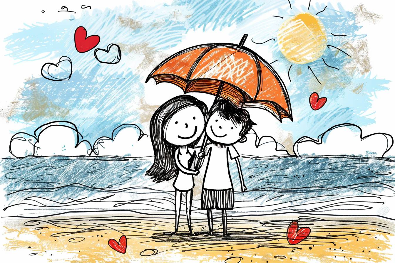 Hand drawing cartoon style 2D stick figure of a loving couple on a beach, hearts, very detailed, high quality