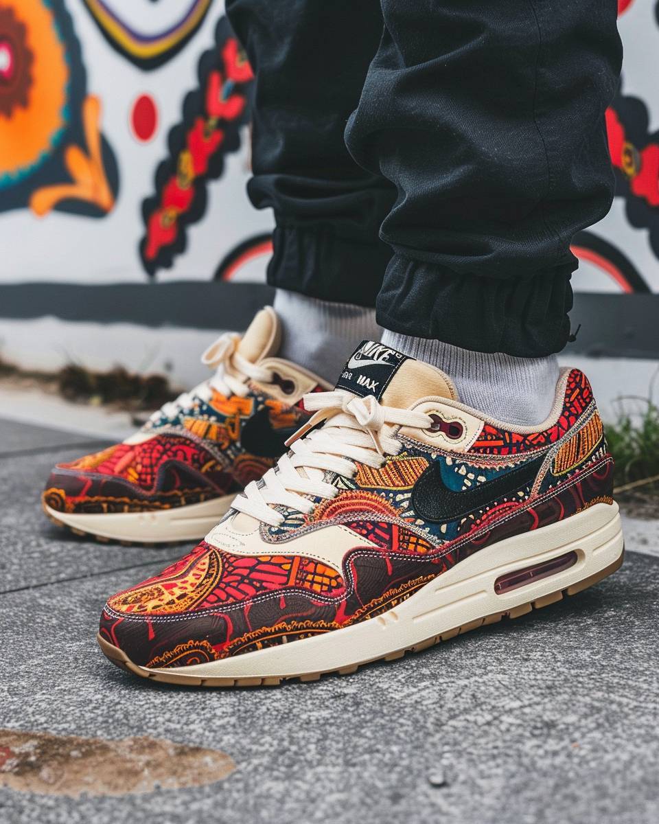 A photo of an Air Max in the style of Nike streetwear with black pants and a colorful patterned tapestry, on feet with white laces.