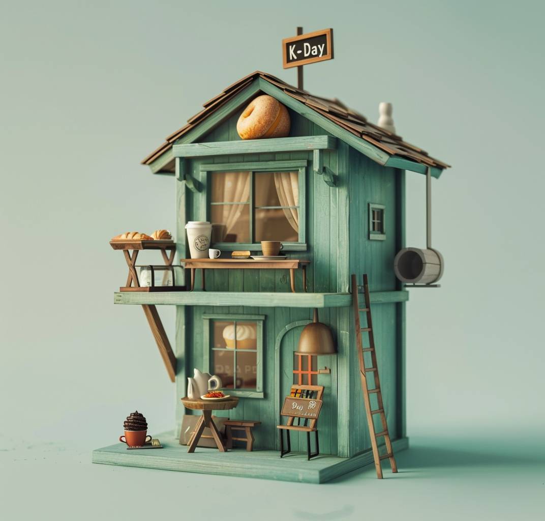 3D model of a cute coffee shop building made from green wood, with bread and a cup of coffee on the roof, a wooden ladder leaning against the side wall to reach the second floor, a sign saying 'K-Day' on the top left corner, cartoon style, isometric view, paper cut craft, paper texture, simple background, studio light, Octane render