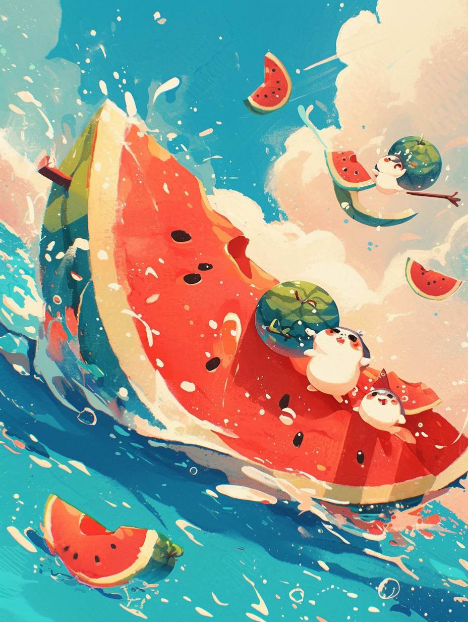 Illustration of a watermelon boat floating on the sea, with a blue sky and white clouds, cute cartoon design, watermelons scattered around, fantasy landscape background, Asian painting style, Pixar style, soft shading, emotive fields of color, Minimalist style, ethereal landscapes, red and yellow, lovecore style, elegant brushes