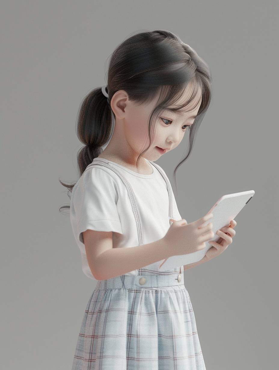 Super cute asia little girl in modern clothes drawing, study English, Wearing white T-sirt and holding an iPad, side view, happy, standing pose, studio lighting, clean background,pixar style,cartoon style,octane render,V-Ray,8K,HD,