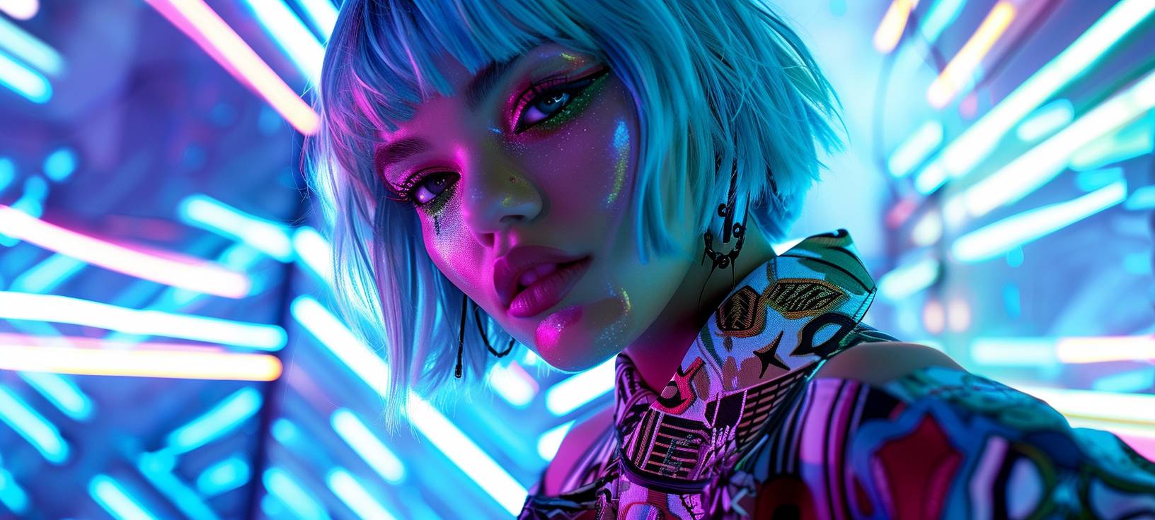 A hyper-realistic photo of an androgynous woman with pastel blue hair, dressed in a psychedelic goth, neon, and bold patterned outfit. Her makeup is colorful and futuristic. She is illuminated by rays and fluorescent lights. The background is filled with lights and patterns.