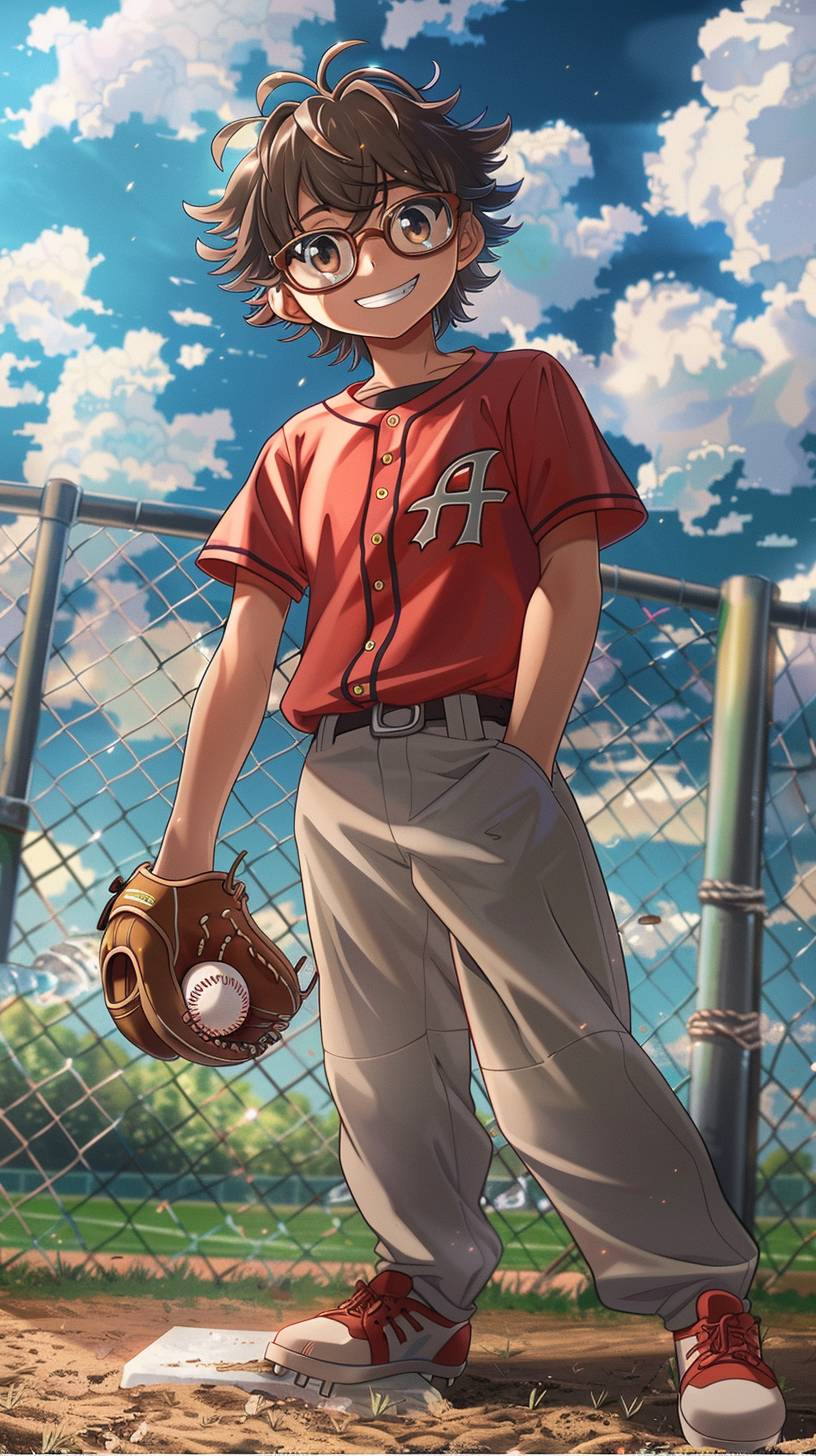 Anime style illustration of a smiling 10-year-old boy with brown curly hair combover, wearing glasses, in a baseball uniform consisting of a red shirt, grey pants, grey cleats with red laces. He is holding a baseball with a chain-link fence and a baseball field in the background, created by Studio Ghibli.