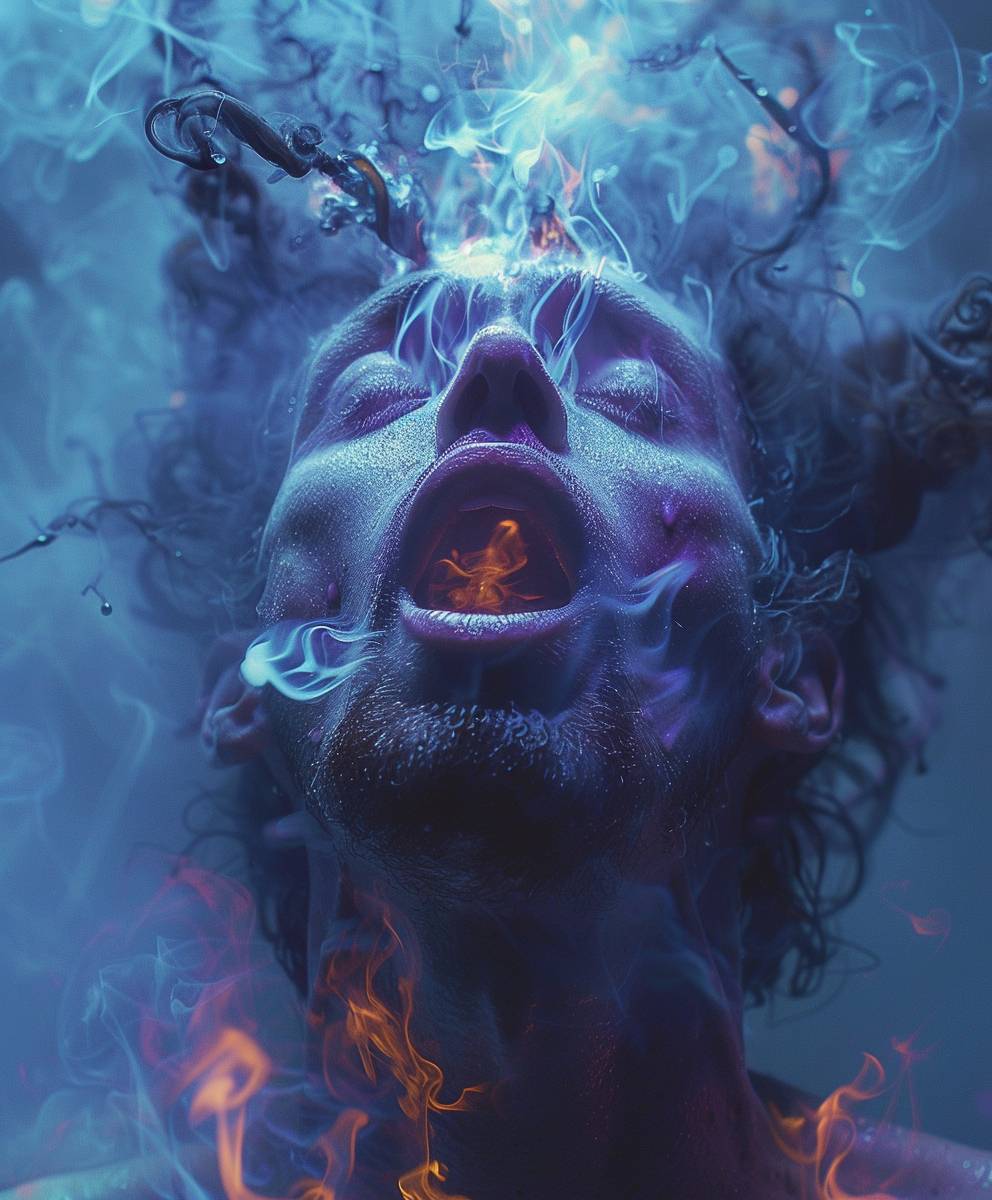 A man with his mouth open as wide as possible, he has a massive amount of burning cigarettes in his mouth. The man's eyes are full of pain, his hair is standing straight up, his face is all purple, sweat drops on his forehead. There is a surreal atmosphere with a cinematic view and a grey background. This photo won the National Geographic photo contest with the title "Chaos 10", aspect ratio 5:6, raw style, stylized with 500 units, version 6.0.