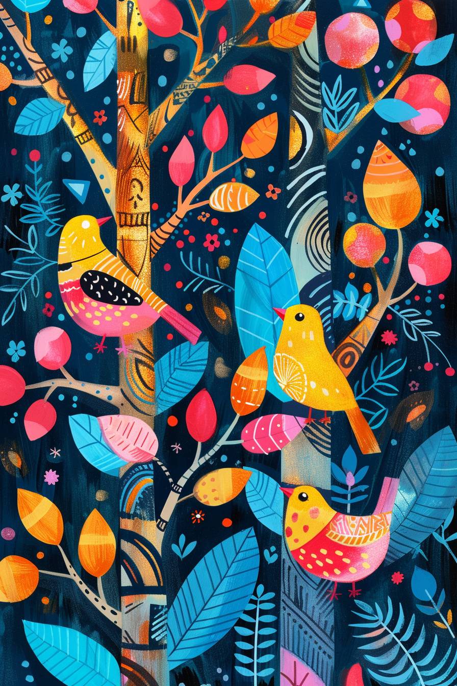 子供の絵本のイラストに触発された、鮮やかなグワッシュ画の木々とカラフルな鳥と果物。シアン、ゴールド、ピンク、トウガラシの赤色の組み合わせで、明るく活気に満ち、明るいテクスチャーが特徴です。