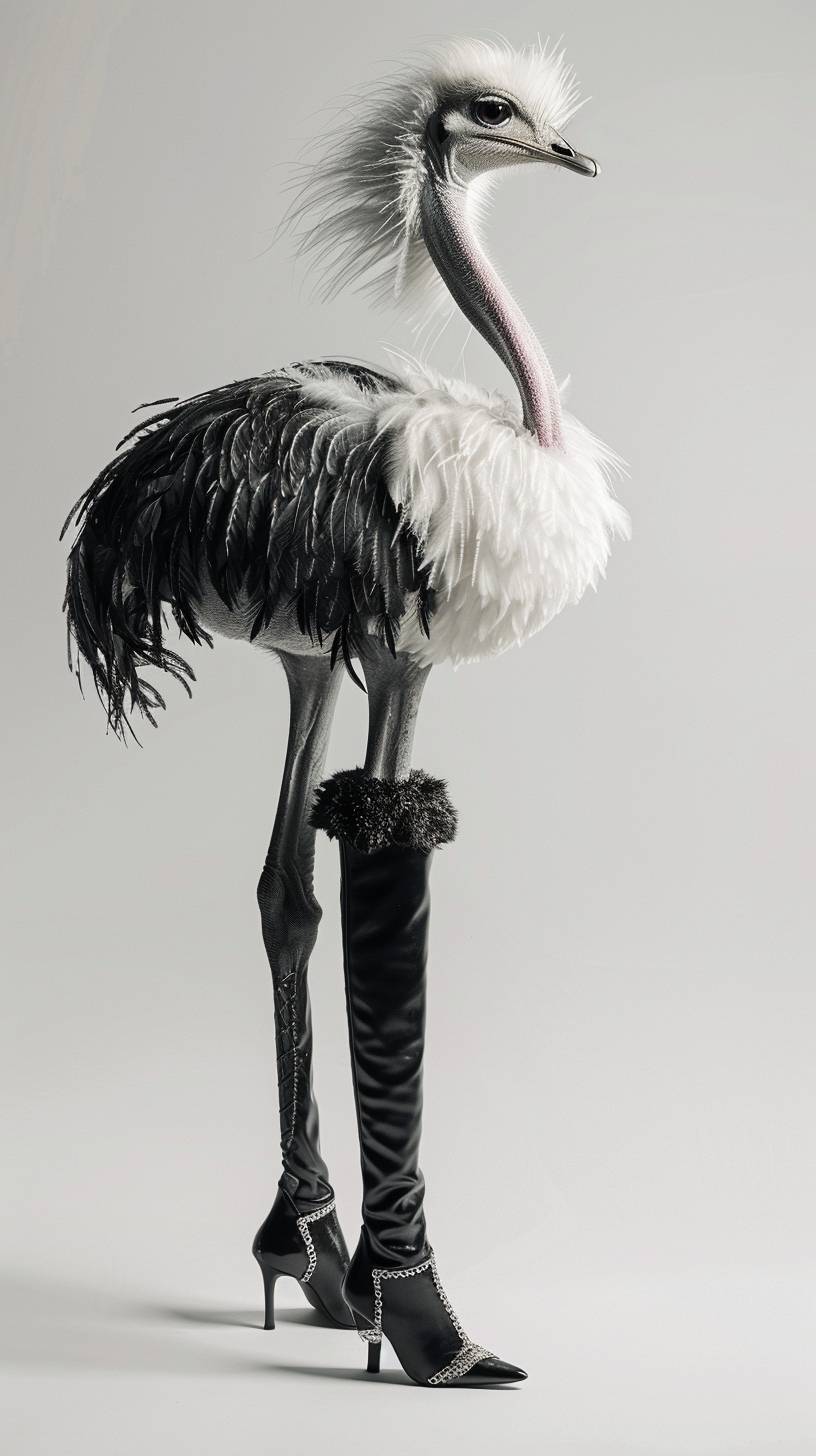 A surreal photo of a beautiful ostrich wearing over-the-knee leather boots with high heels on both feet. The ostrich is viewed from the side, with over-the-knee leather boots on both legs. Minimalistic white studio background. Hyper-realistic. Cinematic. Studio lights.