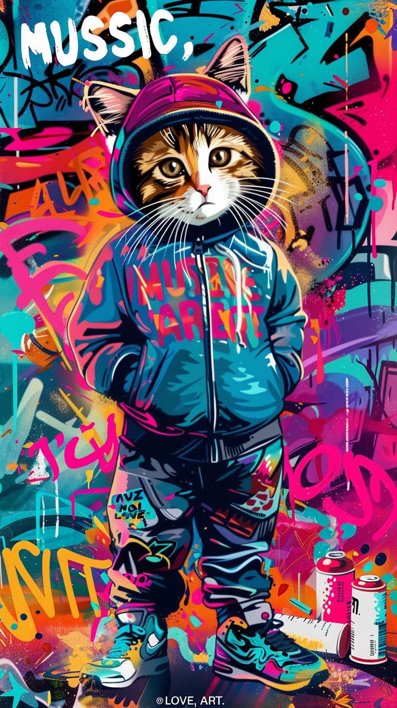 A vibrant pop art piece featuring a baby cat in hip-hop clothing, standing confidently in the foreground. The baby cat is wearing a backward cap, a hoodie, and sneakers. The background is filled with colorful graffiti, spray paint cans, and dynamic text elements like 'MUSIC,' 'LOVE,' and 'ART.' The style is energetic and playful, with a mix of neon colors and bold patterns, similar to street art.