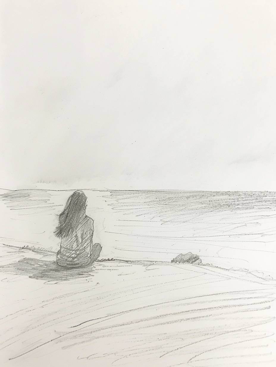 静かなビーチのシーンを描いた素早いアマチュア鉛筆スケッチ。砂浜に座る女性が、静かな海を見つめています。スケッチは荒く、素早いラインと最小限のディテールで、シンプルかつ迅速にその穏やかな瞬間を捉えています。背景は白く空白です。