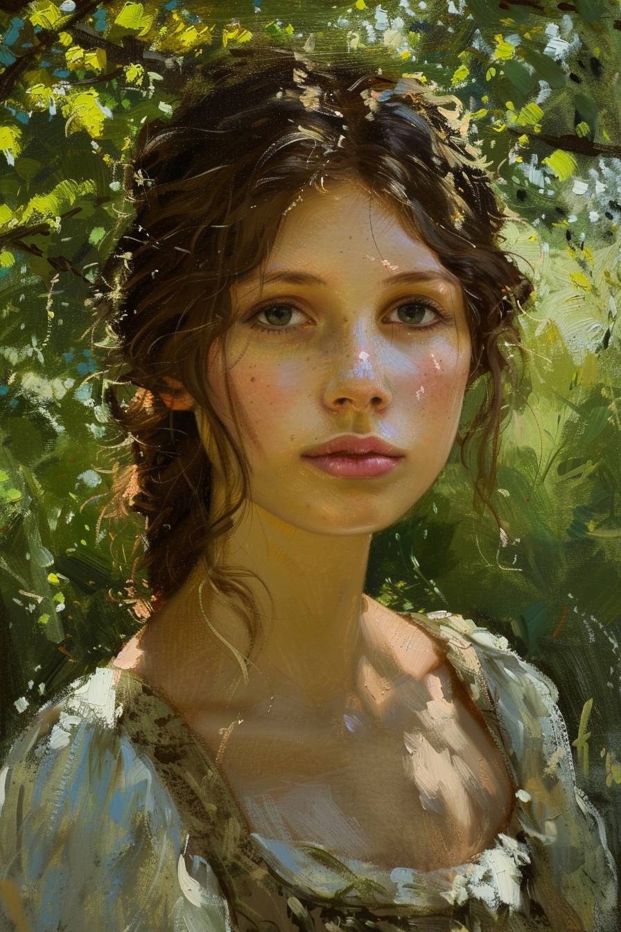 A painted portrait of a pretty girl in dappled shade on a summer day in the style of John Waterhouse and William Adolphe Bouguereau. Oil painting, academic art, perfect face, soft palette