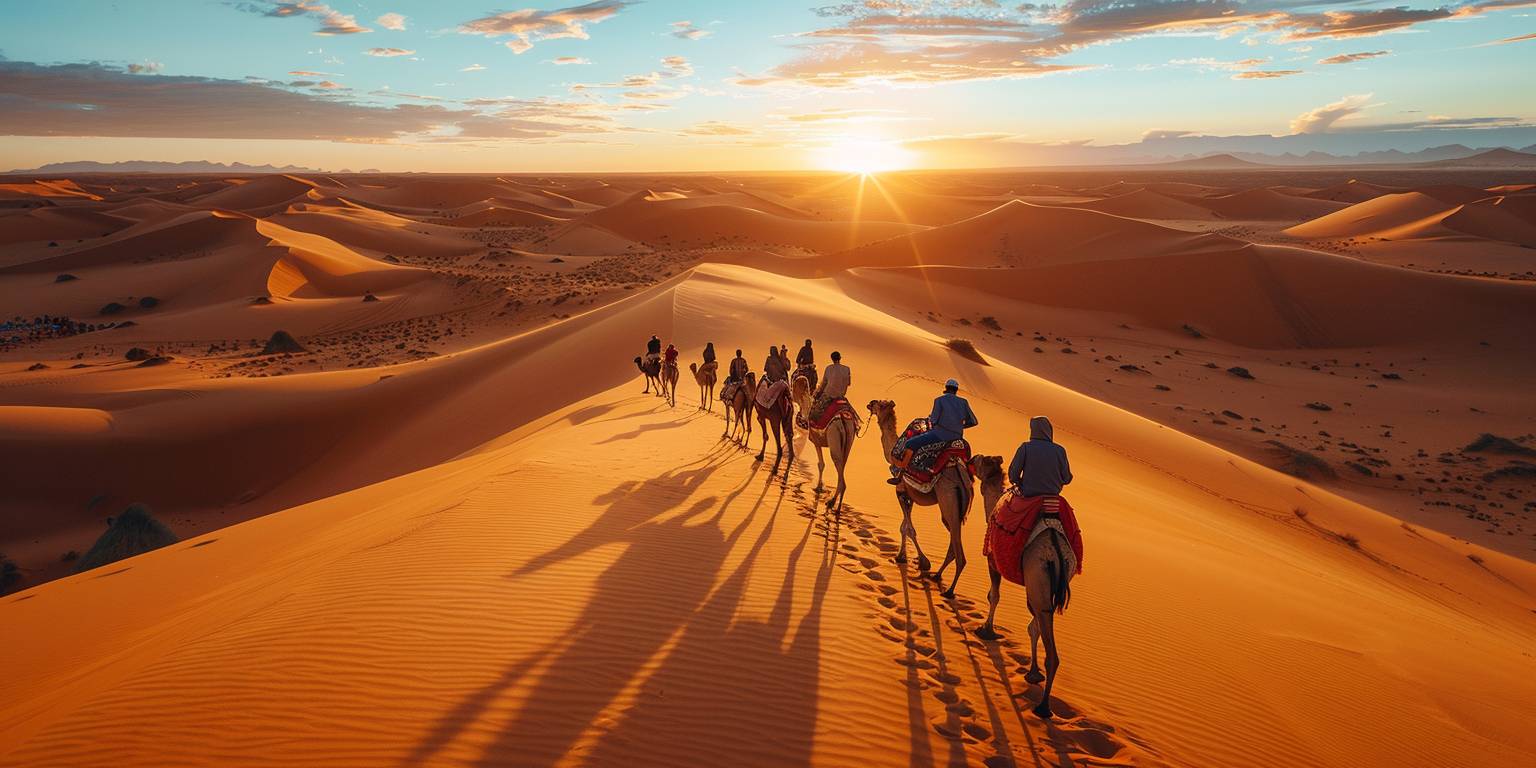 Cinematic, documentary photography, a group of tourists discovering the Algerian desert, walking through the golden sands, wide shot, high camera angle, sunset, camels in the background, shot with Canon EOS C300 Mark III, clean composition