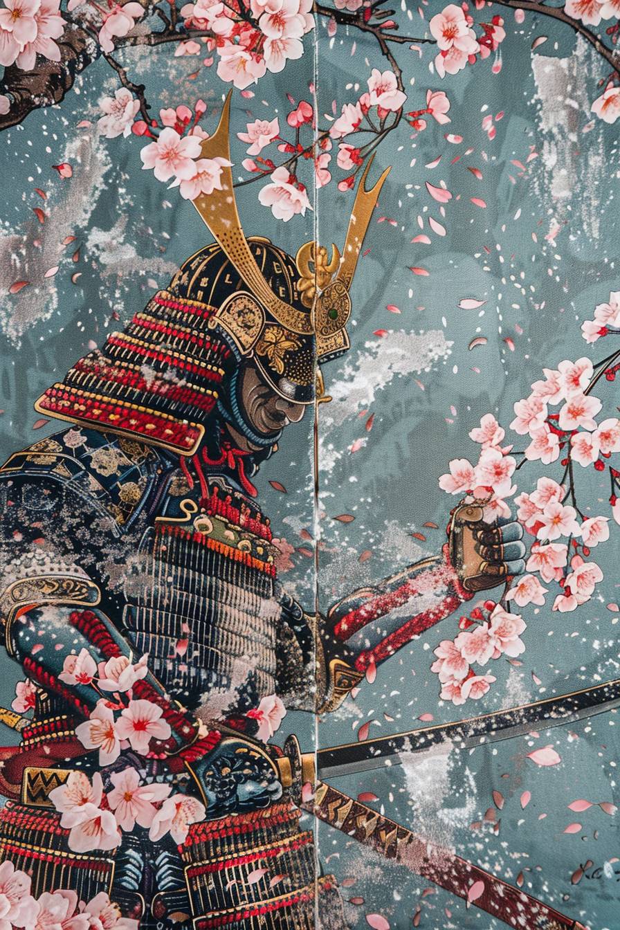 In style of Kunisada, Samurai warrior training in a cherry blossom garden