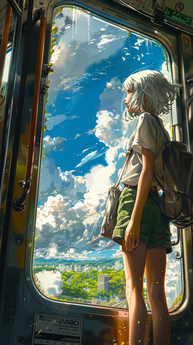 A digital painting of a young girl with short white hair standing inside a modern metro train, looking out a large window. She is wearing a white T-shirt, green shorts, and white sneakers, with a small backpack on her back. The train interior is bathed in sunlight, with a clear blue sky and fluffy white clouds visible, and green grass and trees through the window. The scene captures a peaceful, reflective moment as the girl gazes at the landscape outside. The angle should be from the right side, showing the girl's profile, with a focus on the vibrant colors and detailed environment, in an anime-style illustration, highly detailed, serene atmosphere. --ar 9:16 --style raw --stylize 400 --v 6.0