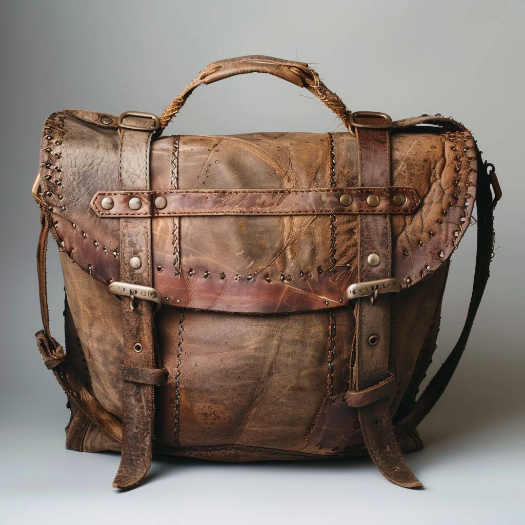 A brown leather bag, medieval style, expensive but worn, with magical powers