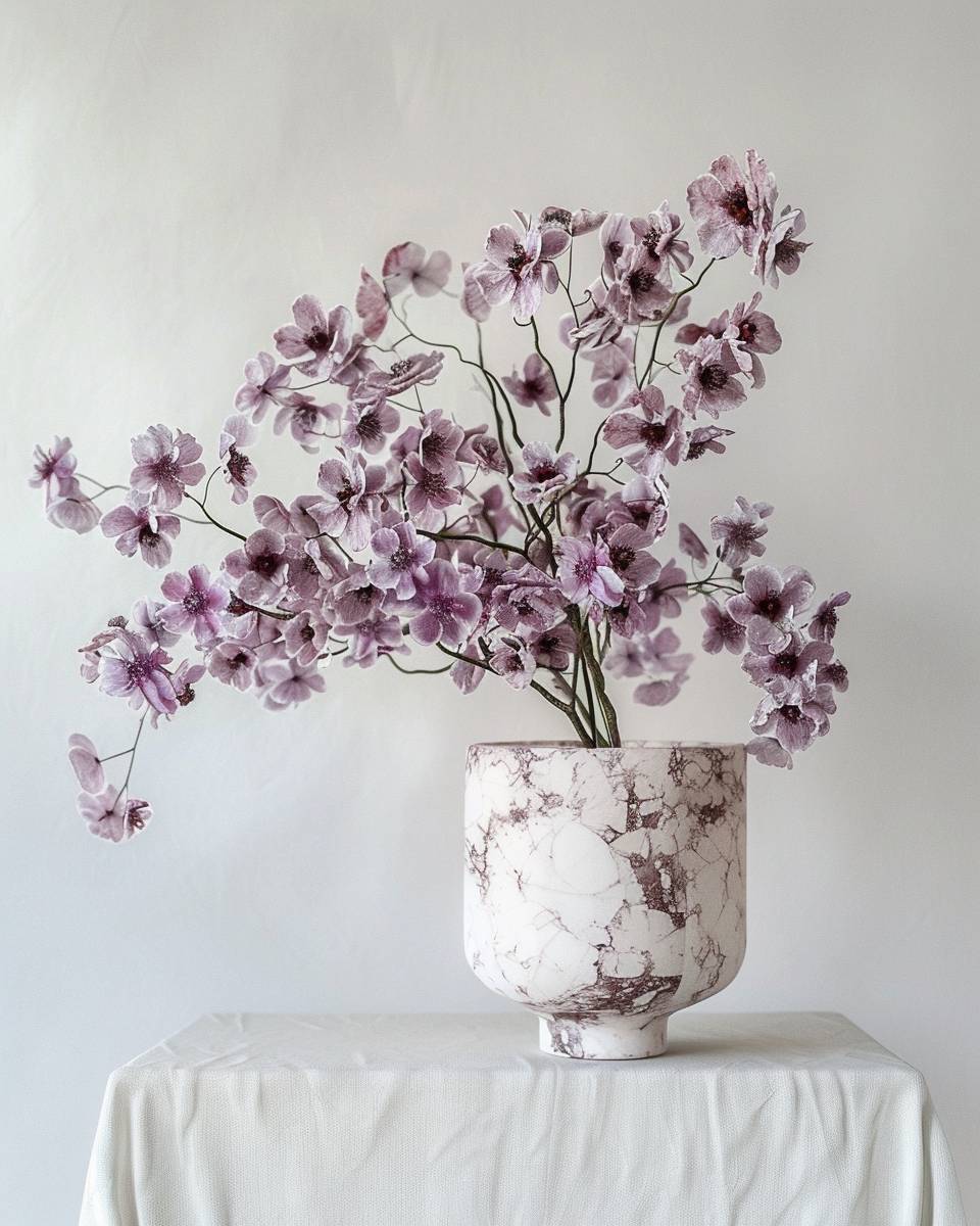 Floral still lifes, in the style of purple and green vibrant tones, photography by kt merry and medardo rosso, subtle textures, minimalist white background, golden hues, Andrea mantegna, vray tracing