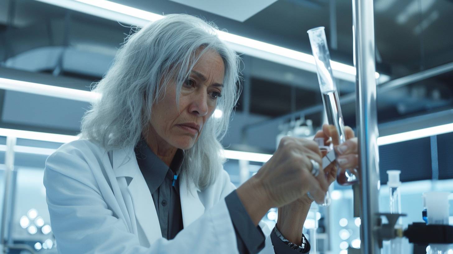 Middle-aged woman in a lab coat, examining a test tube. Stern expression. Silver streaks in her hair. Modern laboratory. Fluorescent lights. White walls, high-tech equipment. Medium shot, waist up. Neutral lighting, reflections on glass surfaces. High contrast.