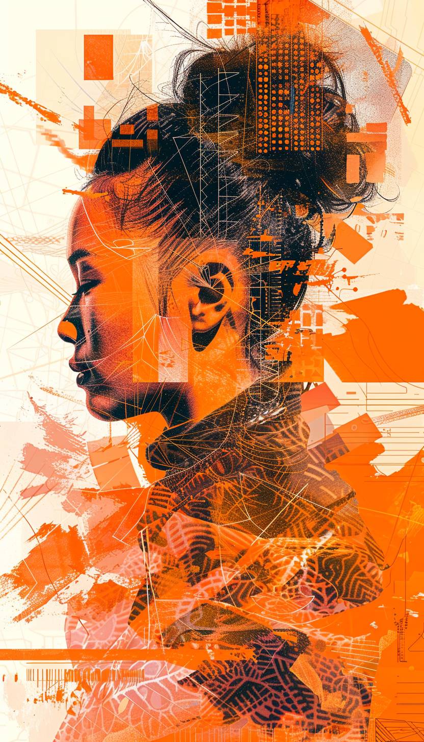 幾何学的形状と有機的な模様を融合した女性戦士のデジタルアート作品。明るいオレンジ色とバーントオレンジ色を使用し、ダイナミックなグリッチエフェクトの歪みでレイヤリングと奥行きを追加。