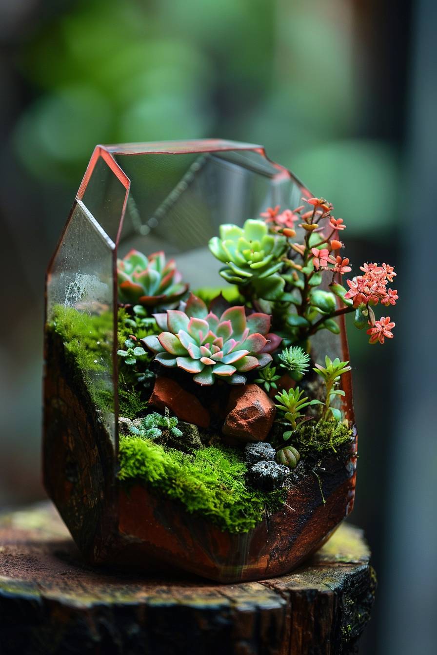 A micro landscape suitable for office desks. The container is a hexagonal ceramic cup the size of a grain of rice. It contains succulents, mosses, and vegetation. The picture is healing.