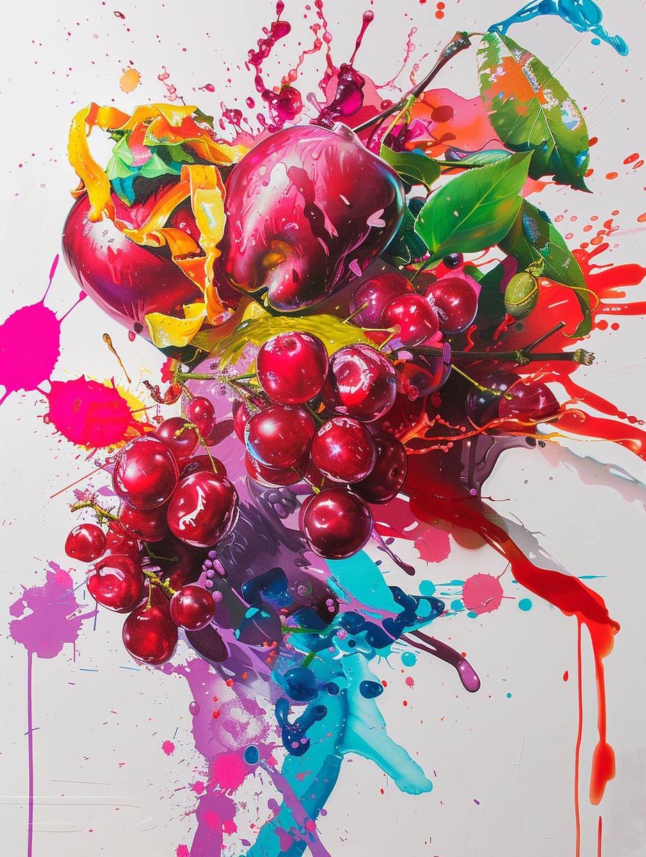 graffiti painting, 【Malic centric notes of red grape, Red apple, balanced with refreshing lemon peel and floral oolong tea.】, 【White Background】, oil splash, rainbow color, shadow. rubber, volumetric lighting, pulp painting, image realism, wide color lighting, cinematic lighting, backlight
