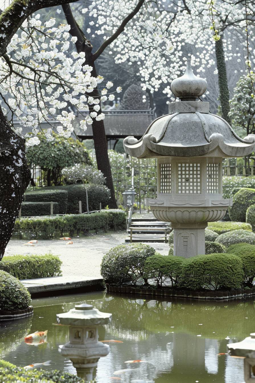 満開の桜の花、石灯篭、錦鯉の泳ぐ小さな池、木漏れ日が差し込む穏やかな日本庭園