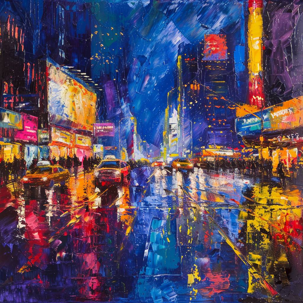 Vibrant polychromatic painting, a bustling city street at night, golden highlights, wet-on-wet effect, strong visual flow