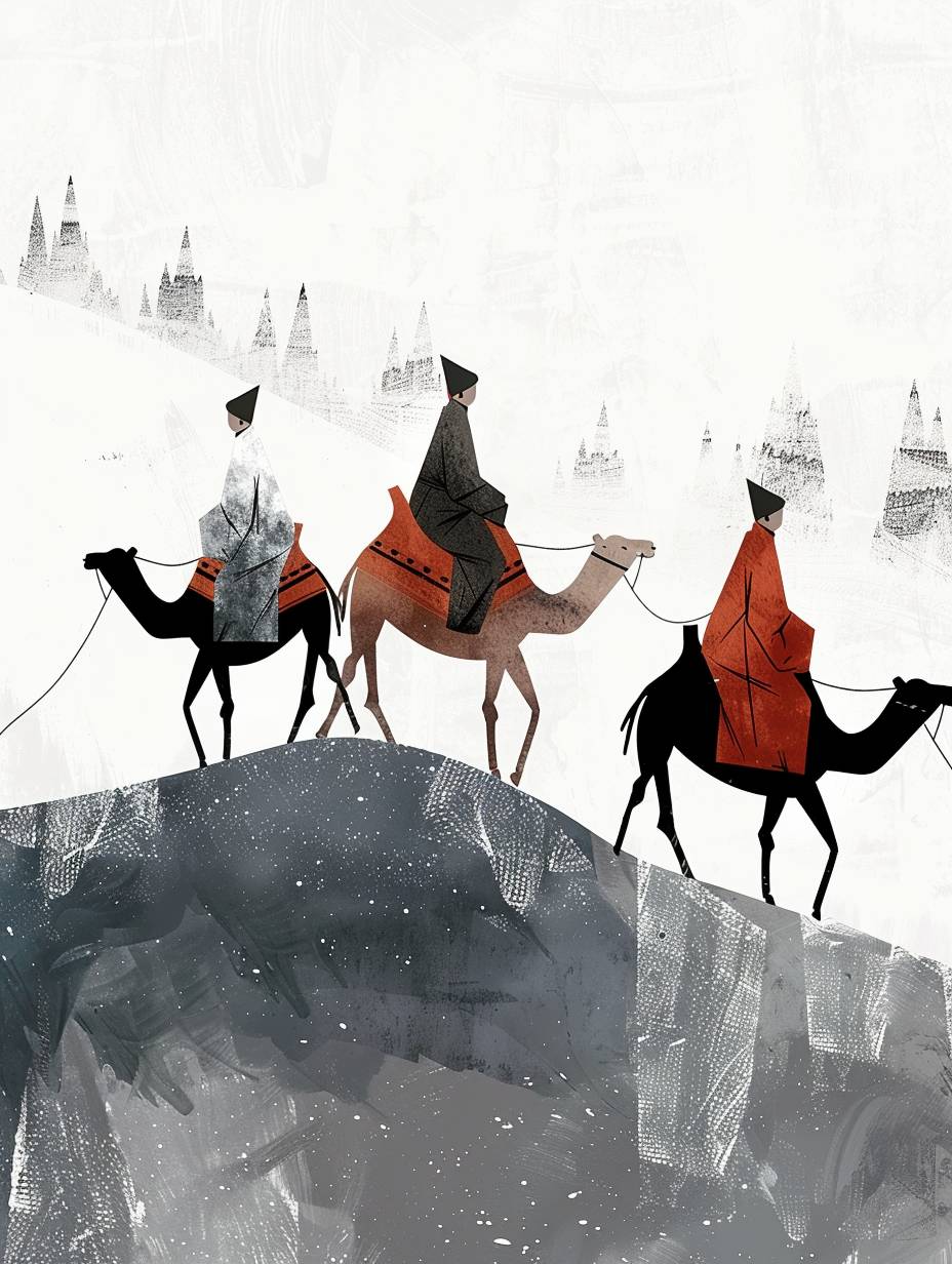 Three men riding three camels in flat graphic illustration style, similar to Eiko Ojala style, with elegant brushstrokes and minimalism, inspired by Kurt Hutton style, traditional animation, featuring silver and black as the main colors, with a dreamy texture in their image art.