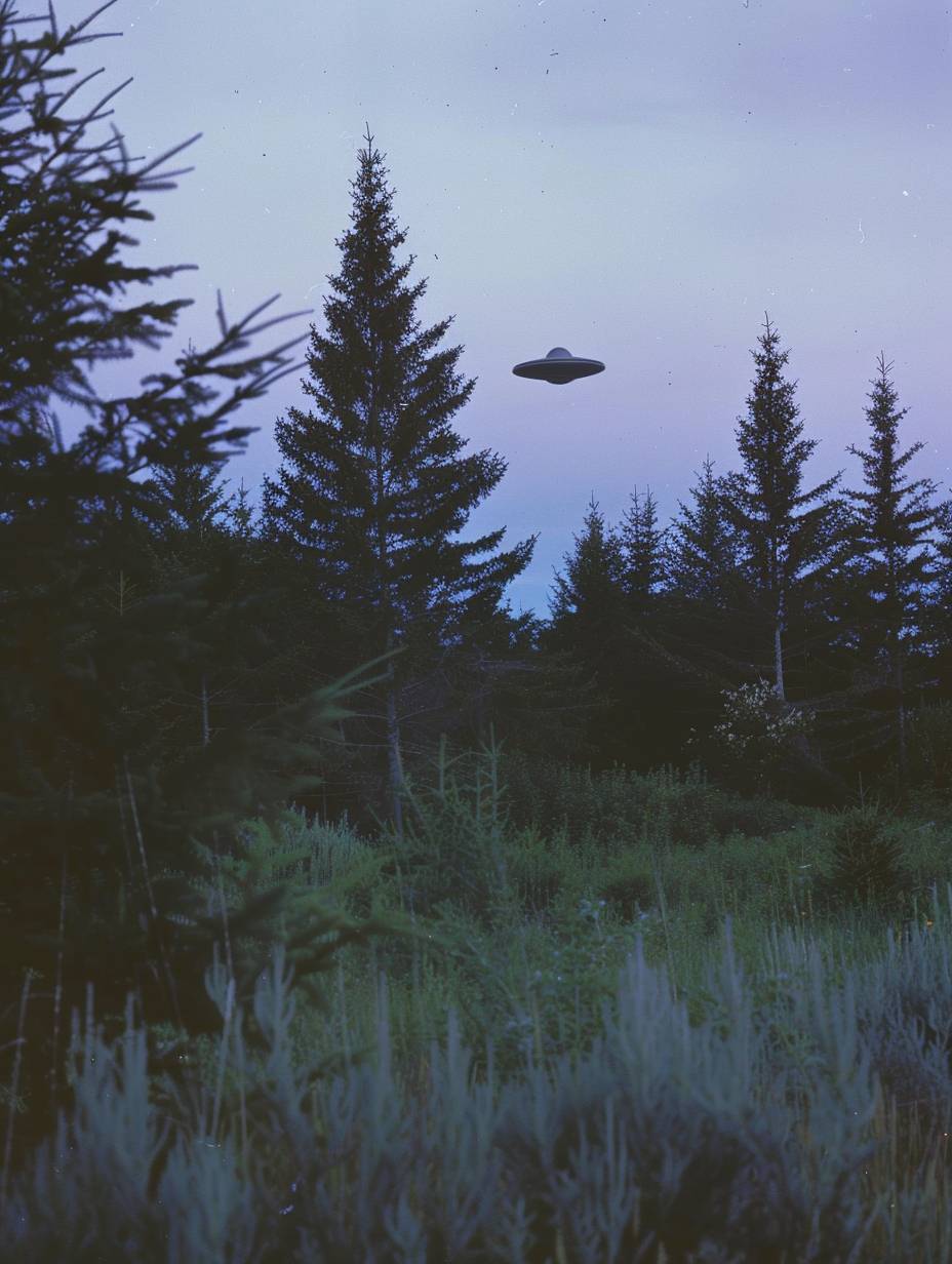 An analog photo from the 1980s of a UFO hovering over a pine forest and meadow in the evening. Captured with a Leica 35mm wide-angle lens.