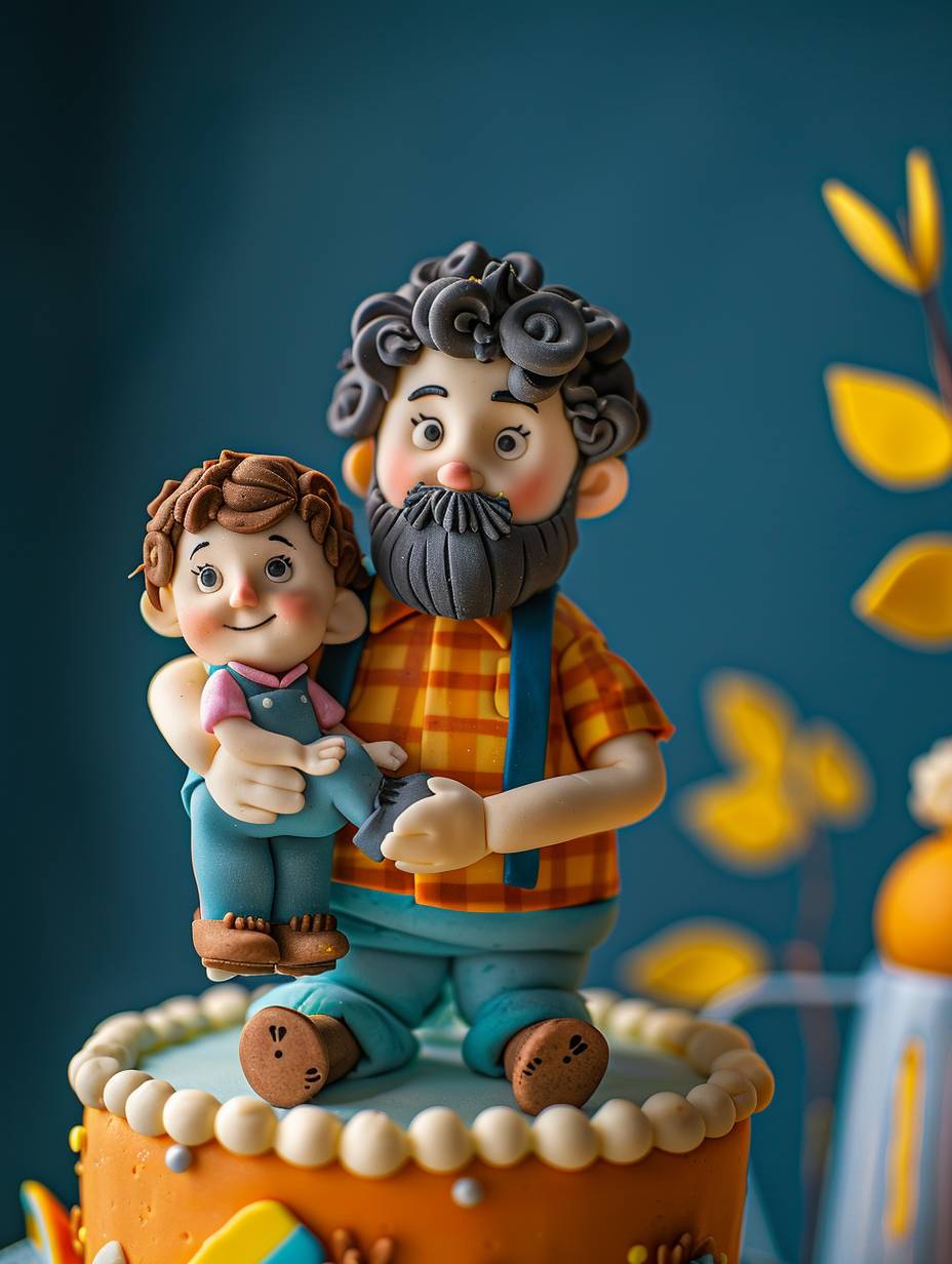 Commercial photography of a cake featuring a cartoon figure of a father holding a child as a decoration on the cake, creative cake for Father's Day, simple style, creative advertising poster style, ultra HD