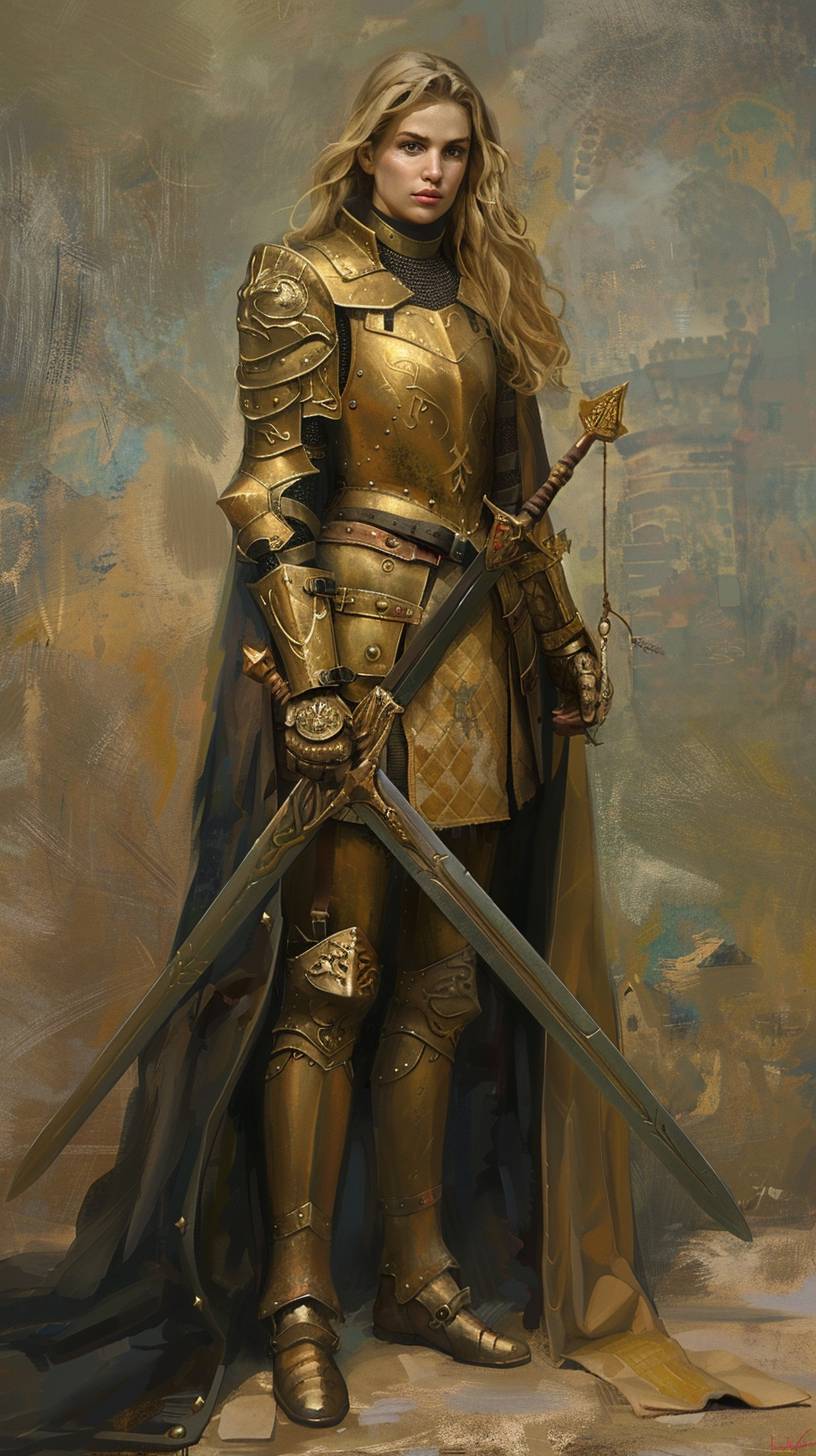 Dungeons and Dragons, female knight, rolling plains, full body, dark azure, Victorian genre paintings, serene face, realistic depiction of light, golden light