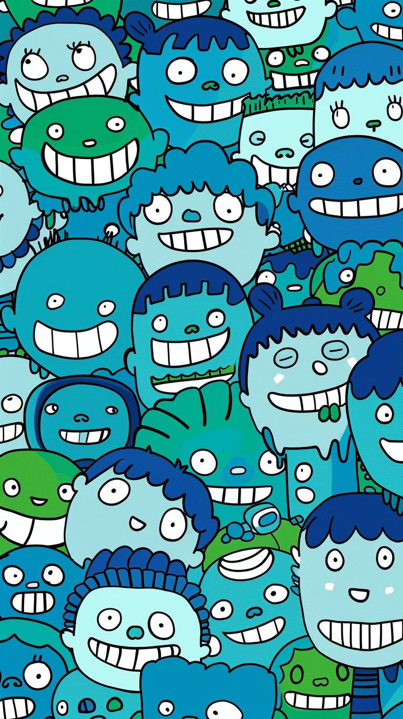 Picture with lots of sky blue. Children aged 8 and 9 laughing. Very positive coloring. Illustrated with harmonious two primary colors of blue and green, pixelated figures, very realistic, in positive interaction with each other. --ar 9:16  --v 6.0