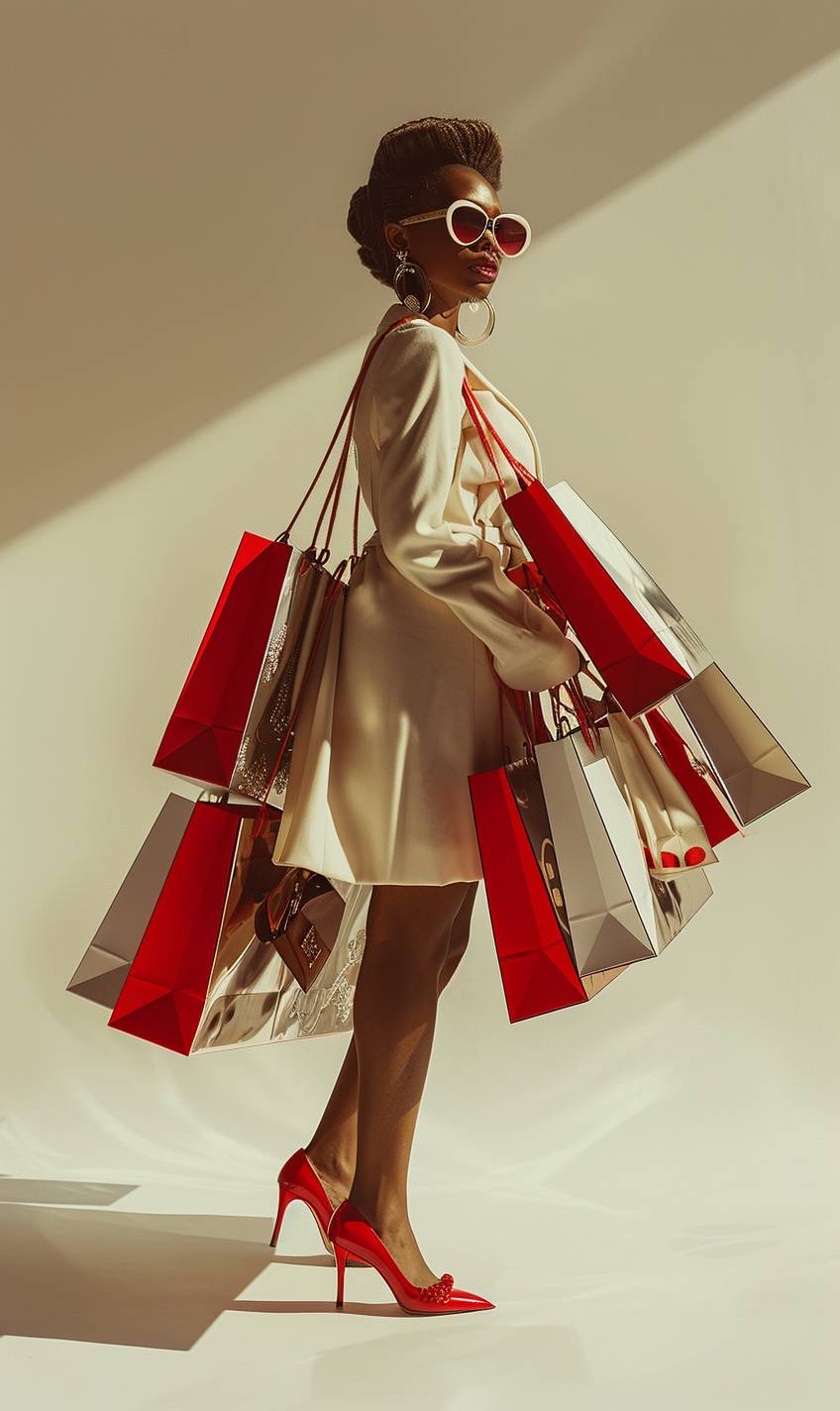 A hero image showing a glamorous, fashion-forward woman as a shopping addict. She is standing full, high heels and carrying an array of shopping bags, dressed in stylish and elegant clothing. The background is solid and minimalistic, ensuring plenty of space for text. Shot with a wide-angle lens to capture the entire scene.