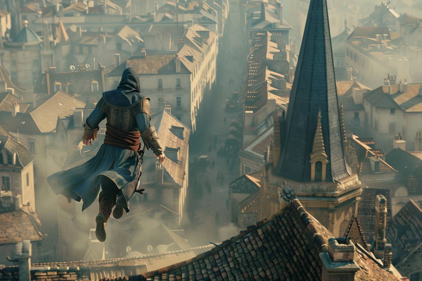 A hooded assassin runs agilely across rooftops, leaping between buildings in a medieval city --ar 3:2 --style raw --sref 2454215926 --sw 25  --v 6.0