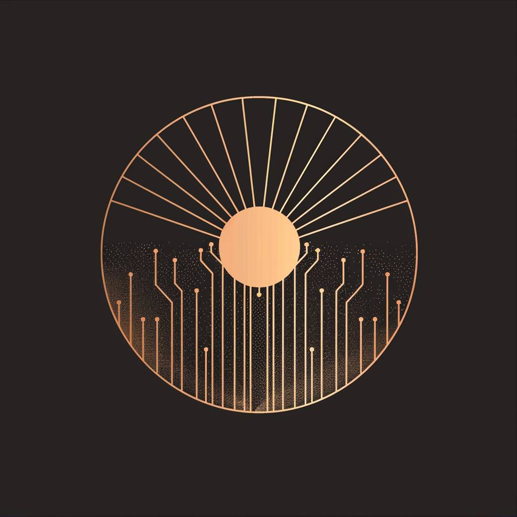 The logo designed by Kenya Hara, circle, rays formed by the sun, horizon, electronic circuits forming trees, flattened, minimalist, stamp style, metallic color
