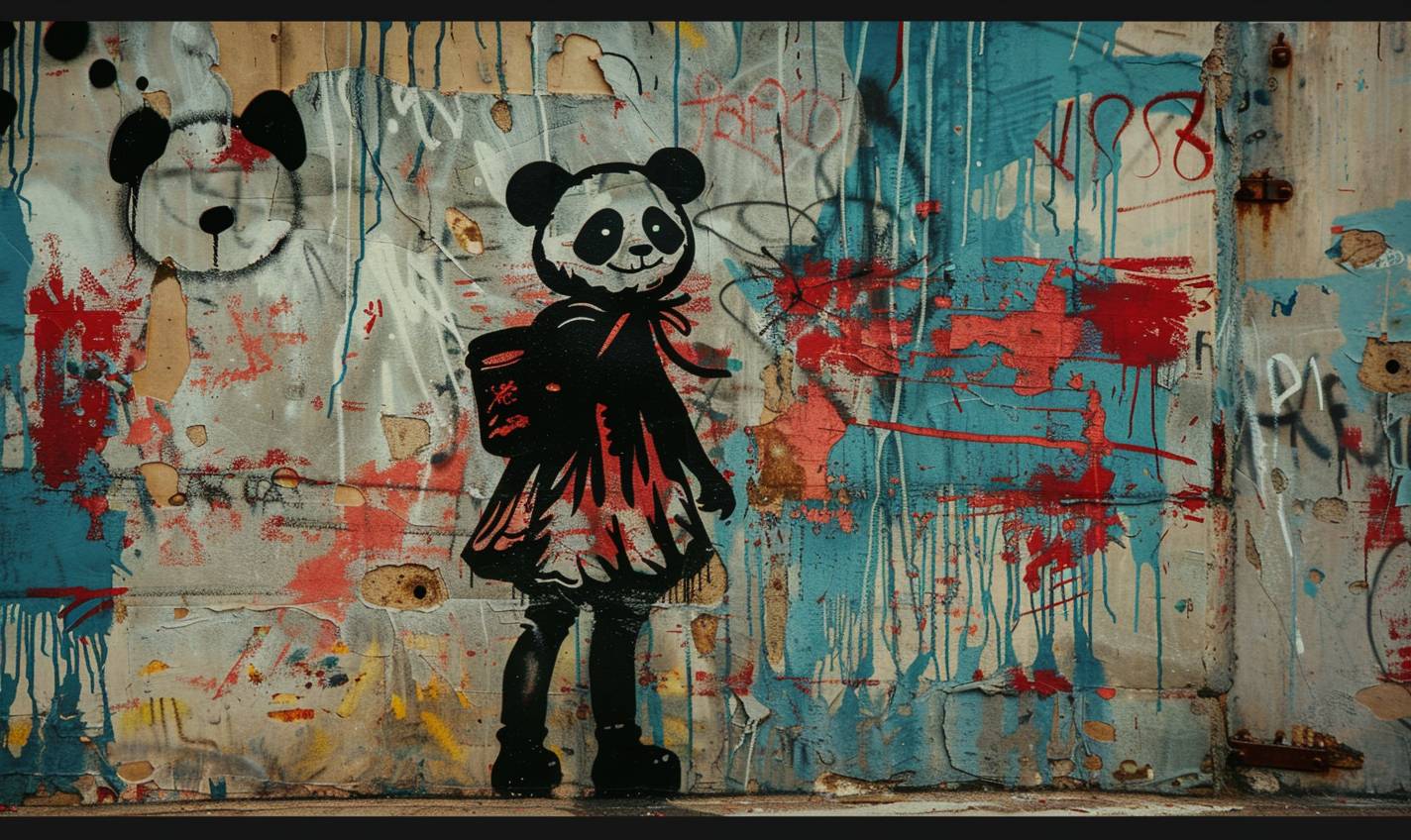 Banksyスタイル、パンダコスチュームの少女のシルエットが壁に、壁アート、4k
