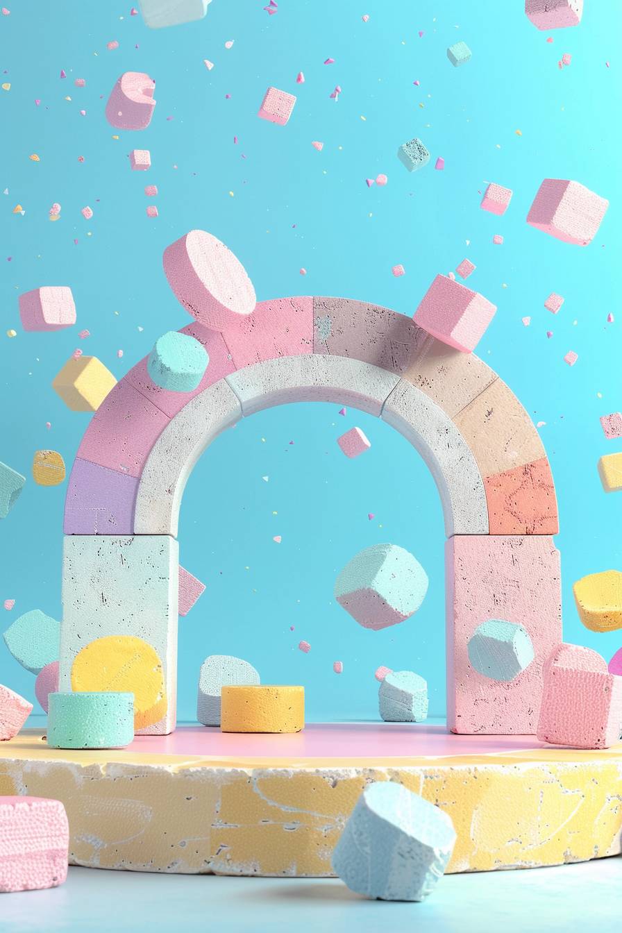 On the podium, Simple style, bright, the background is an arch made of colorful building blocks, Pink background, sky blue background, bright environment, c4d, Octane Render