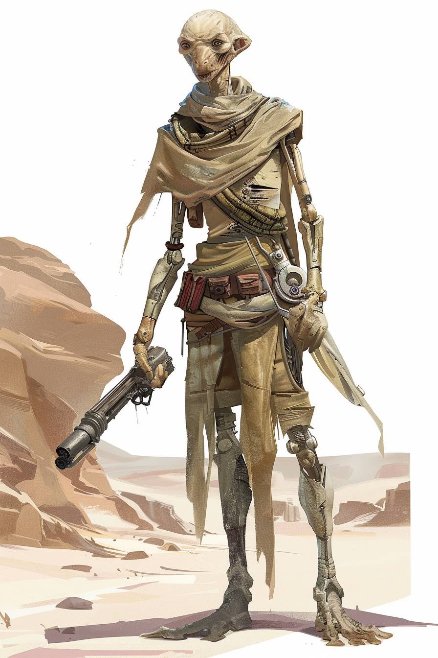 In the style of Ralph McQuarrie, character concept design, half body