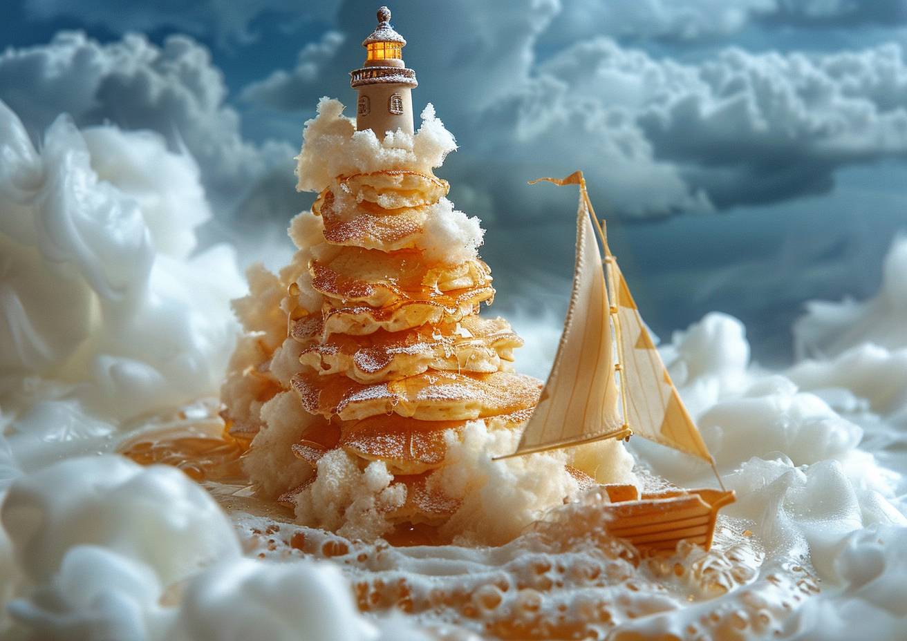 In the style of surreal food photography, a lighthouse formed from pancakes, an eponymous sailing boat on an ocean of syrup, sugar powder, with a strong visual flow.