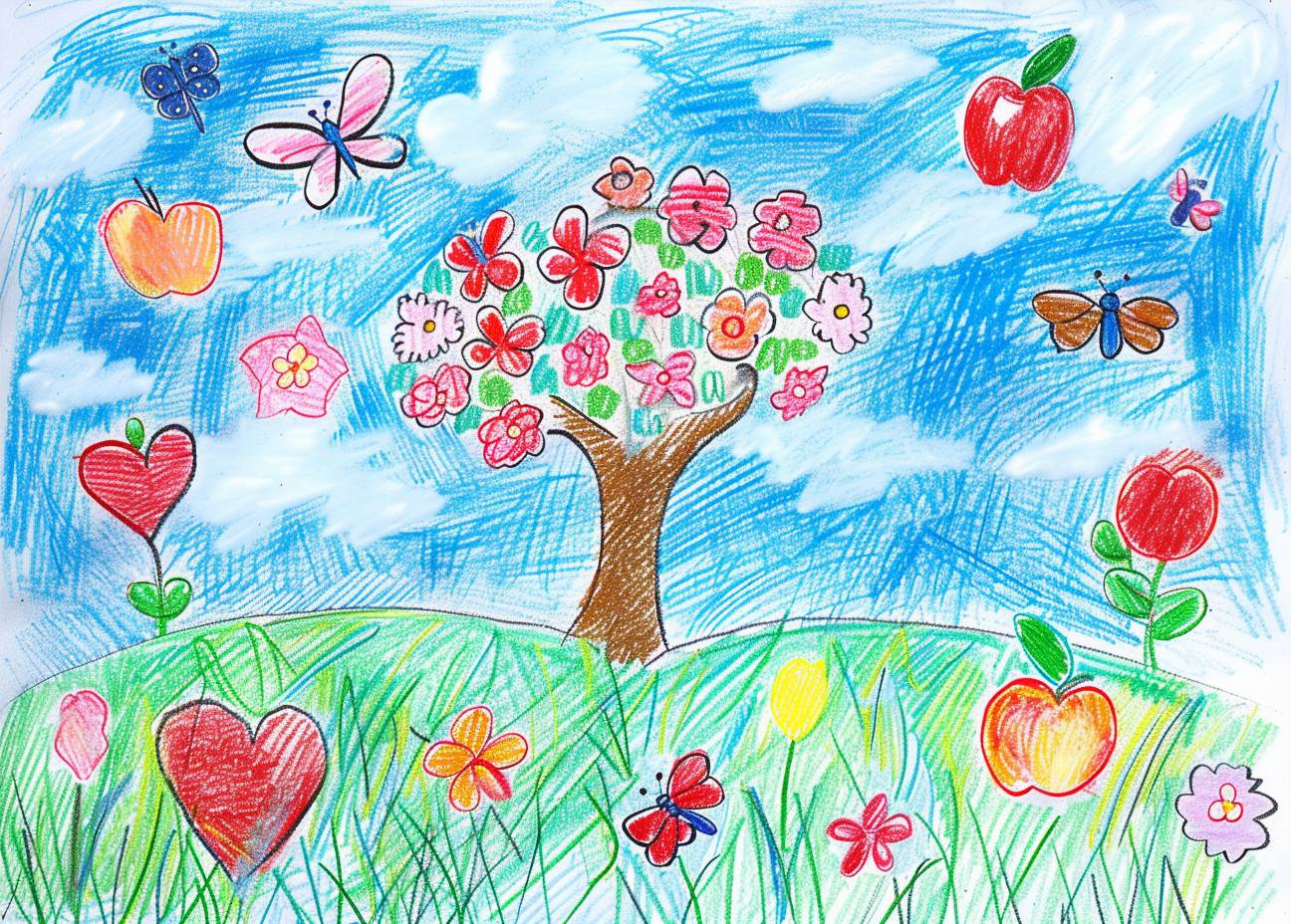 Naive children's drawing with colored chalk on white paper, made by hand by a fat child in the style of primitive art, depicts a magical sky with many flowers and butterflies, a magical image for a children's book, with a sky background, flat color background, simple lines, no shading, and cartoonish cuteness, with an apple tree behind them.