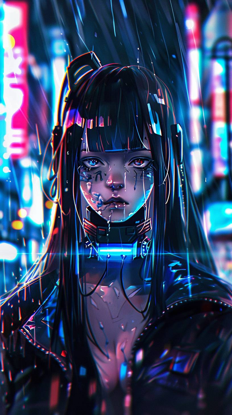 A manga shot of a dynamic long-haired retro anime girl with blue hair, a robotic implant in her head, and a strong expression, with blue acid rain wet around her, under the neon lights at night --chaos 30 --aspect ratio 9:16 --stylize 30  --v 6.0