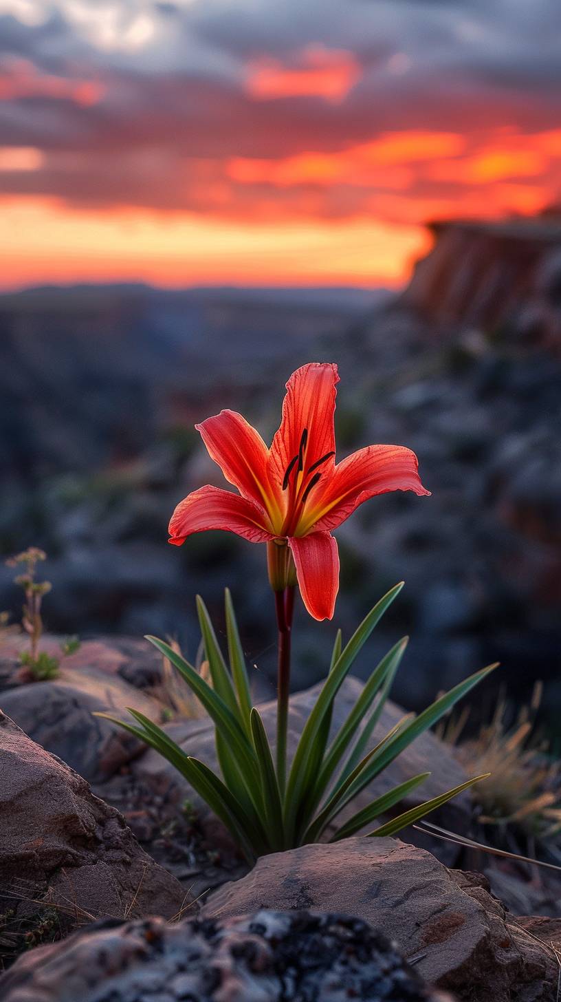 On the rocky edge of a canyon at sunset, a single red lily blooms, its vibrant petals catching the warm red hues of the setting sun. The entire scene is bathed in a monochromatic red light, creating a dramatic and striking landscape. Using a Nikon D850, the blurred background of the canyon and sunset sky emphasizes the bold beauty of the red lily.