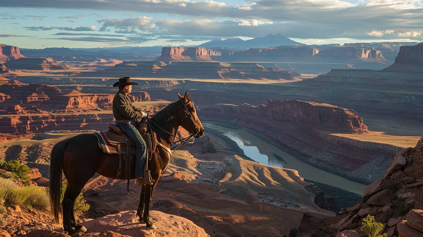 馬に乗っているカウボーイが峡谷を見渡している。ステットソンハット。革の手袋。アメリカ西南部。夕日。赤い岩の形成物、峡谷を蛇行する川。広角で全身を捉えたシーン。劇的なライティングで風景に長い影を落としている。映画のようなルック。