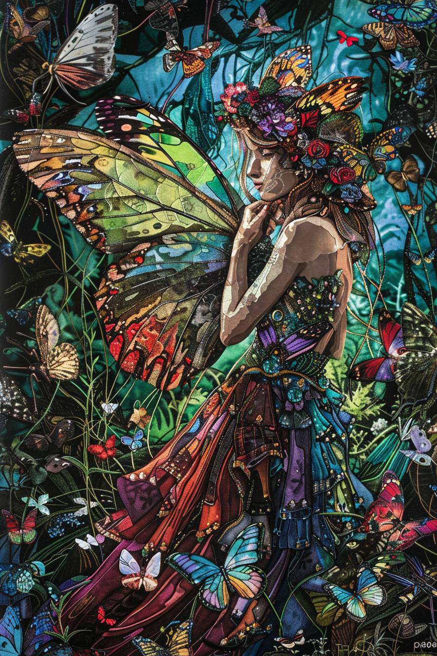 fairy, complicated poster with lots of butterflies in background, highly detailed