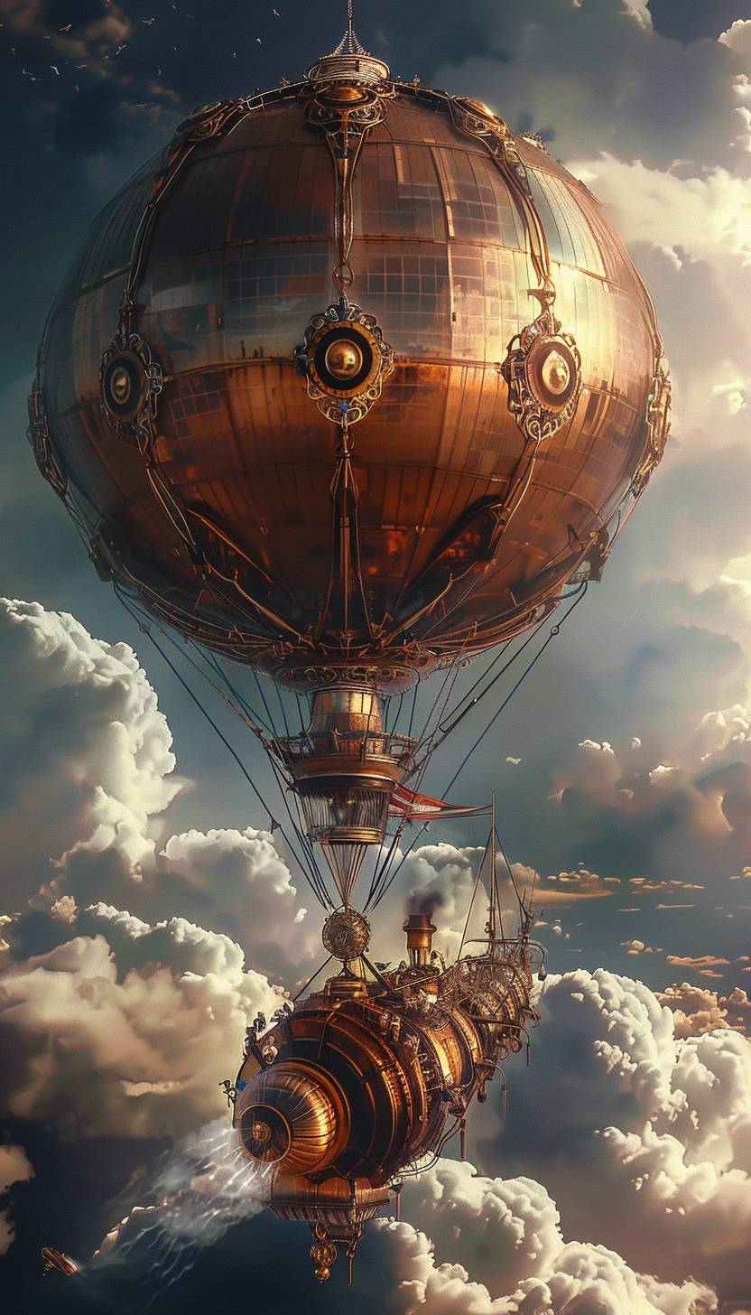 In the style of Georg Jensen, Steampunk airship gliding through the clouds --ar 4:7  --v 6.0