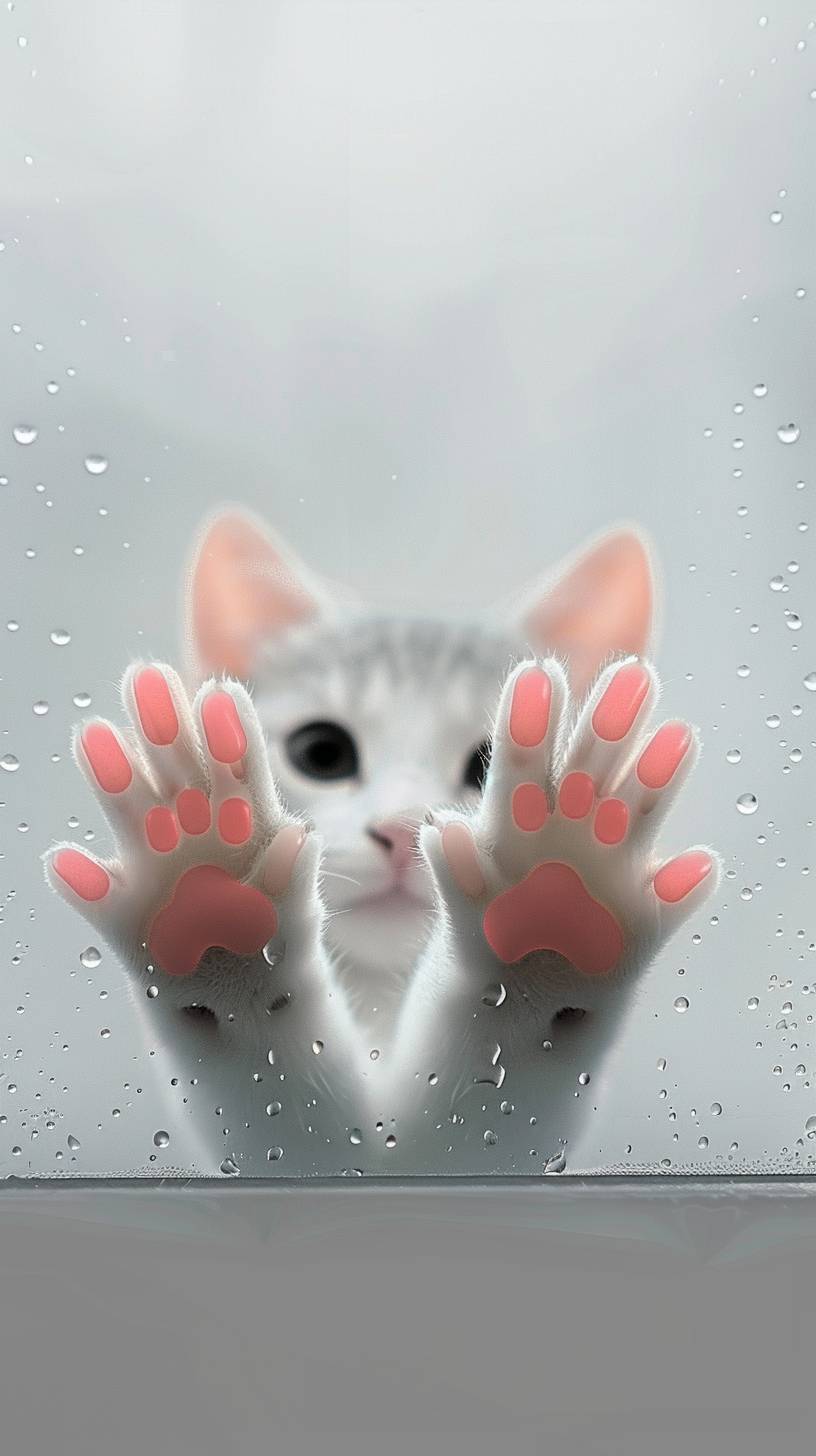 Through frosted glass, I saw a cute cat face with a hazy texture, with two pink claws protruding from below. Simple background and cartoon style. Featuring white and gray, adopting minimalist design. A close-up of only one claw with a blurry effect to increase depth.