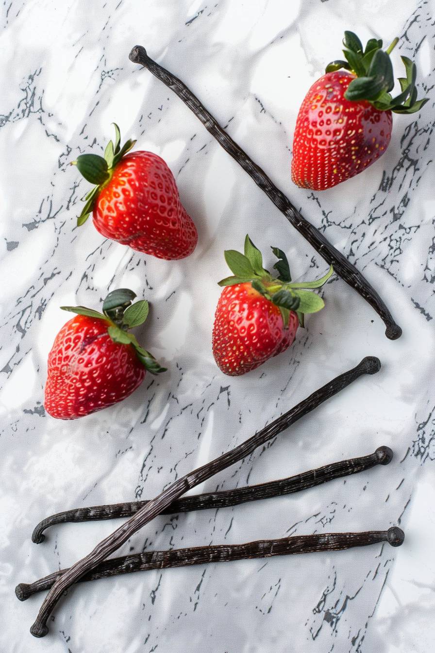 Display 2-3 strawberries and vanilla bean sticks each on the empty space on the floor.